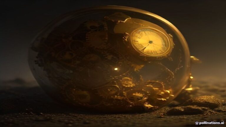 A brass antique watch with cracked glass lying on dark sand under soft warm lighting.