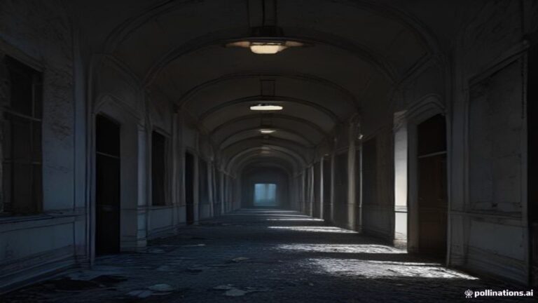 A moonlit hallway in an abandoned hospital at night with peeling paint and soft ambient light