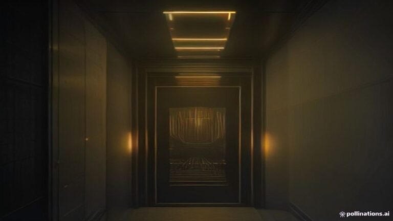An illuminated vintage elevator cab suspended in a dark architectural shaft with soft glowing light.