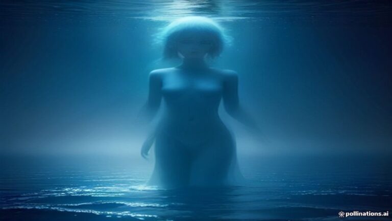 A surreal dreamscape of a suspended figure surrounded by soft glowing water and rising bubbles