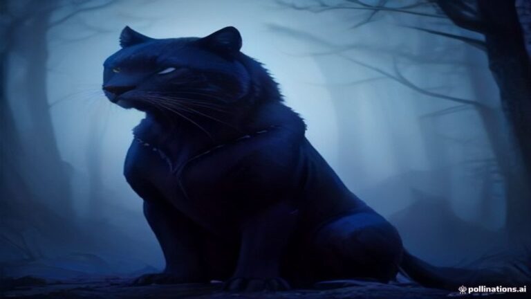 A black panther resting silently in a dark mist illuminated by faint moonlight