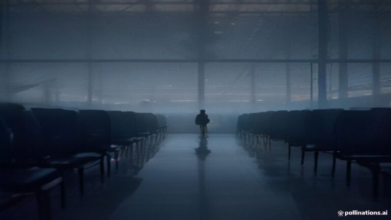 A quiet airport terminal departure lounge looking out toward a passenger airplane on a misty tarmac at night.