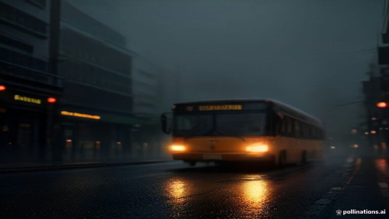 A lighted public bus driving past an empty shelter on a rain-slicked city street at dusk.
