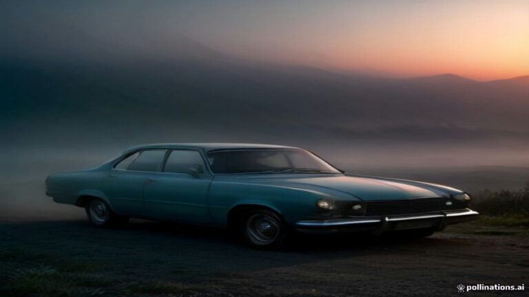 A vintage car sitting at the bottom of a misty hill during twilight in a surreal dream scene