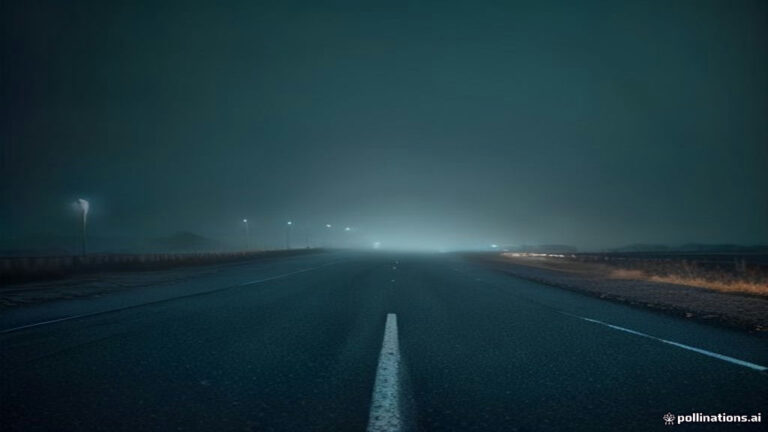 A single car wheel on a quiet asphalt highway surrounded by misty twilight air.