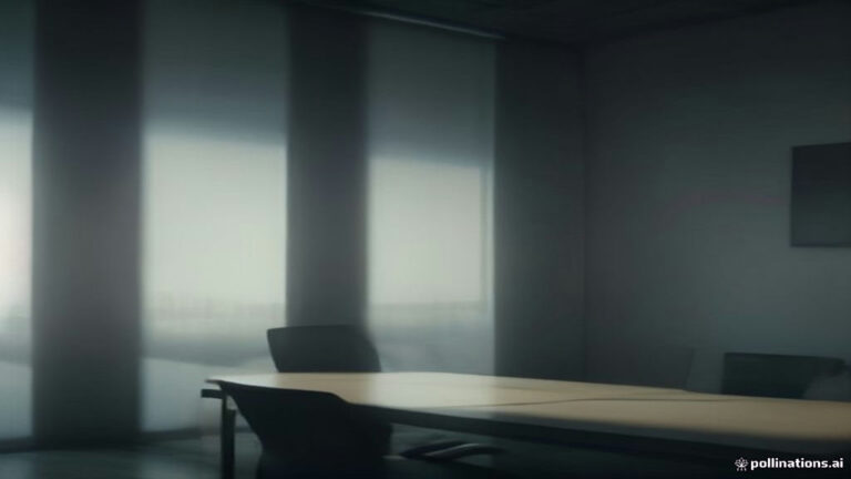 A single spotlight shining on an empty chair across from a high corporate desk in a shadowy room