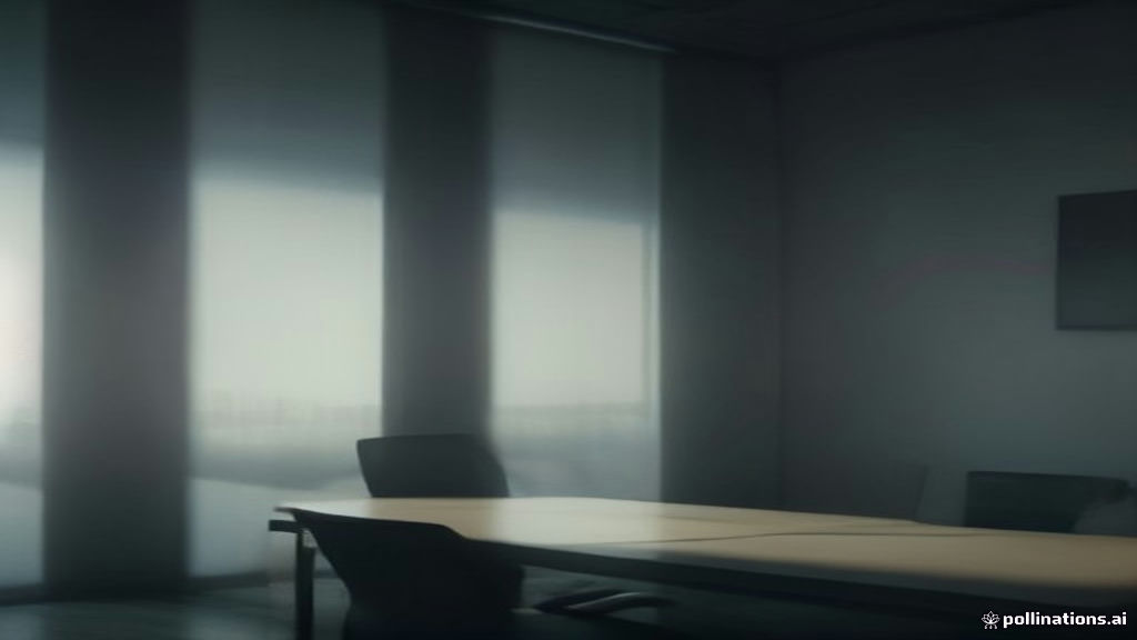A single spotlight shining on an empty chair across from a high corporate desk in a shadowy room