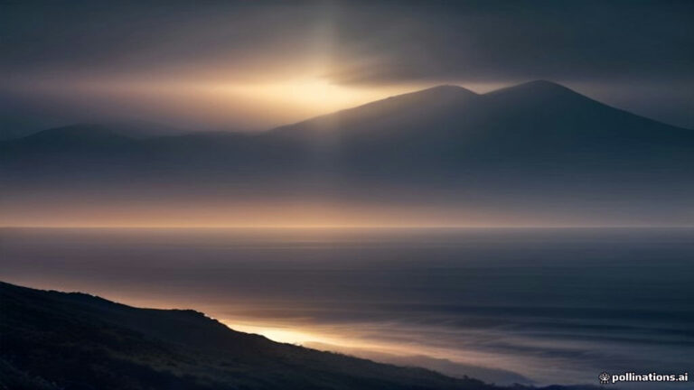 Ethereal rays of light and translucent musical waves floating over a calm ocean under cloud-filled night sky.