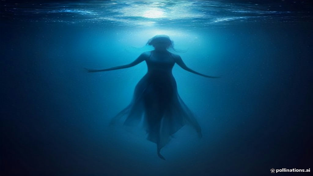 A figure floating weightlessly in a dark liquid ocean surrounded by glowing submerged galaxies