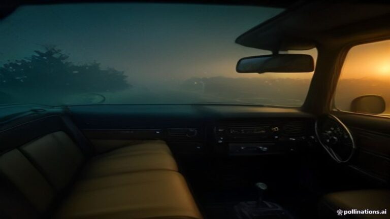Interior of a warm vintage car driving down a calm foggy road at dusk