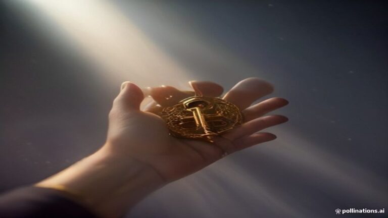 A close up of hands transferring a brass key in soft misty dream light.