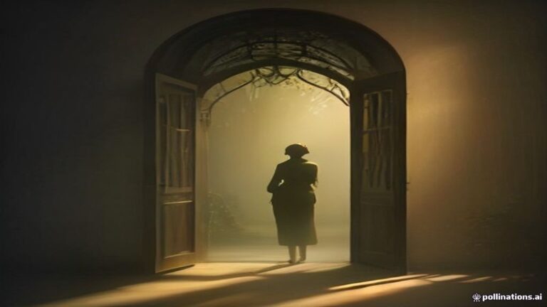 A subtle silhouette standing near a sunlit doorway leading to a quiet, misty garden.