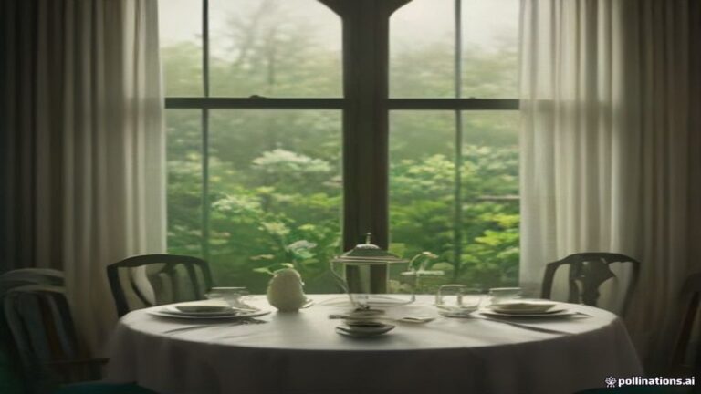 A sunlit room with soft light pouring through curtains onto a table with flowers.