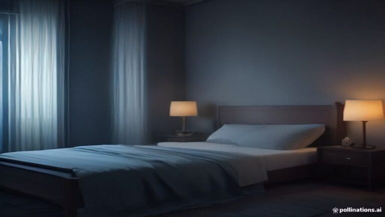 A quietly lit bedroom bathed in soft twilight glow with neatly arranged bed linens.