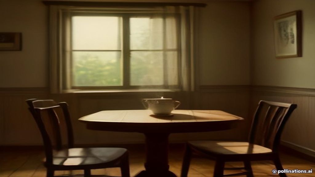 A peaceful dining room table with an empty wooden chair bathed in soft golden sunlight