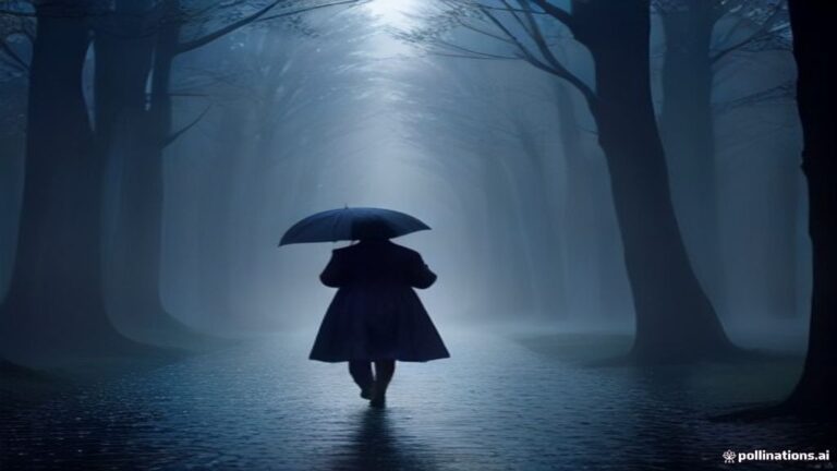 A misty, quiet pathway in rain with soft blue lighting and atmospheric fog.