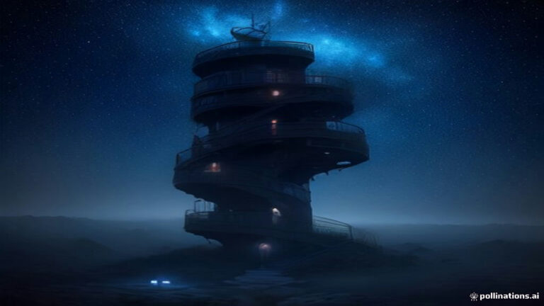 A glowing staircase made of starlight descending through an ethereal night sky toward a quiet landscape.