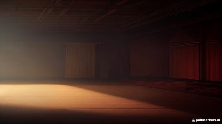 An empty illuminated theater stage with blank sheets of paper floating softly in a spotlight