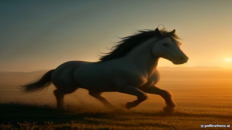 A wild horse galloping freely across a open sunlit field surrounded by early morning mist