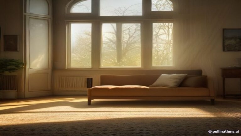 A golden sunlight beam casting a soft glow on a warm rug in a tranquil living room