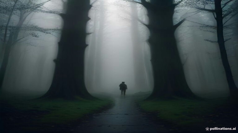 A lone figure standing at a misty fork in a forest path under soft daylight
