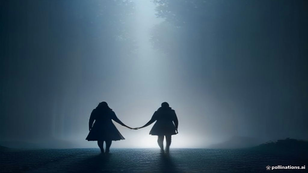 Two silhouetted figures standing on a misty cobblestone road at twilight where the path splits