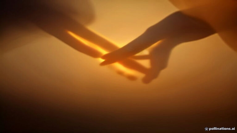 Two glowing silhouette hands reaching out to touch in a misty golden ambient light
