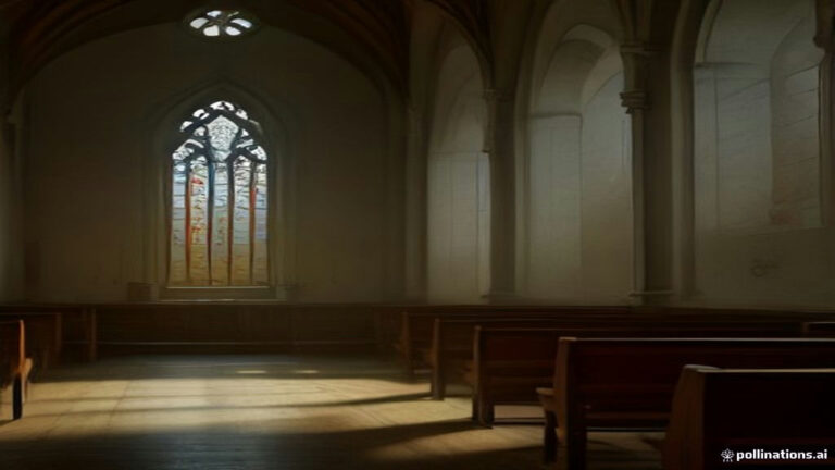 An empty wooden church pew inside a quiet chapel illuminated by soft morning sunlight