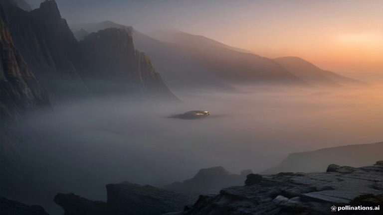 A car hovering over a misty mountain cliff gap during a golden twilight hour dream scene