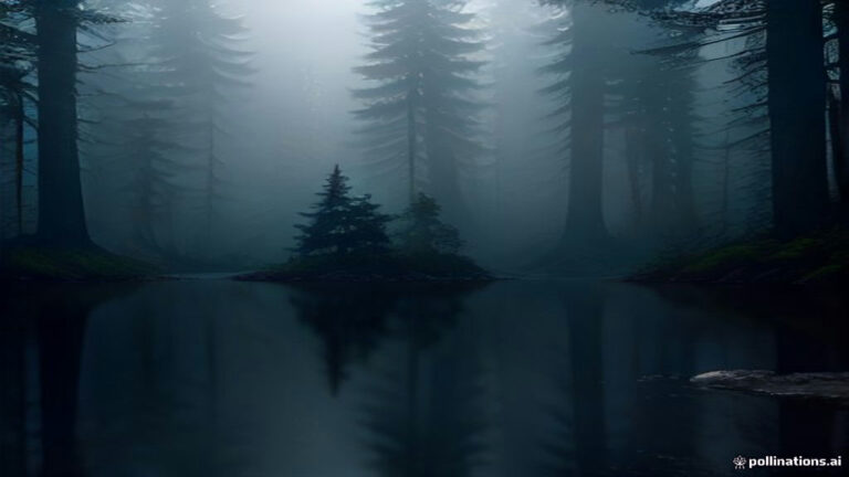 A dark misty pond in an ancient forest with ethereal moonlight reflecting on murky water