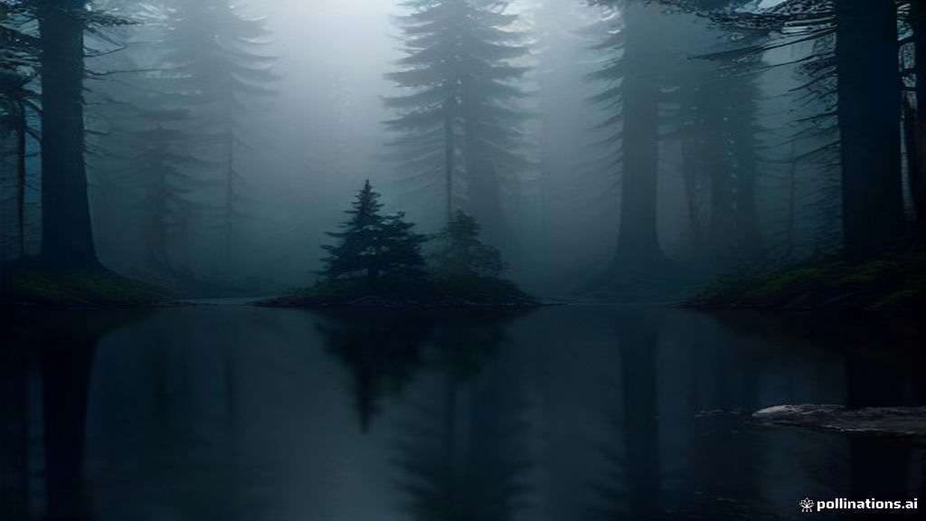 A dark misty pond in an ancient forest with ethereal moonlight reflecting on murky water