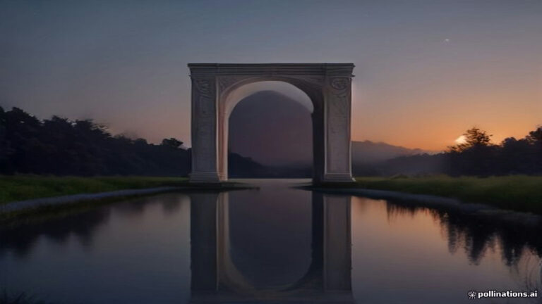 A surreal solitary doorway glowing with golden light over a serene reflective water surface at twilight.