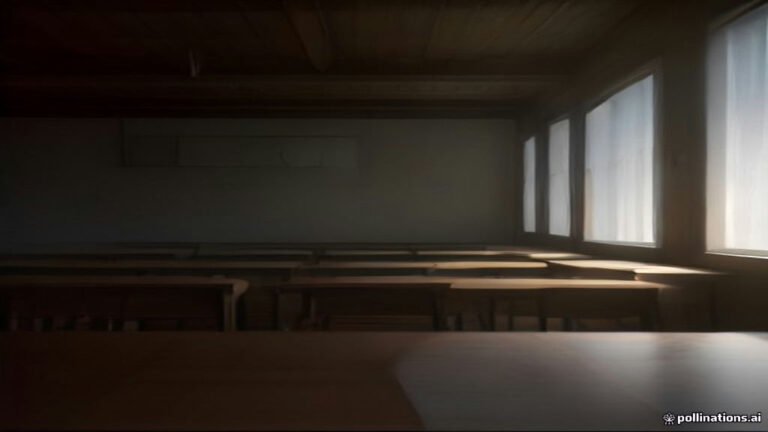 A single high school desk with test papers under a soft spotlight in an empty room