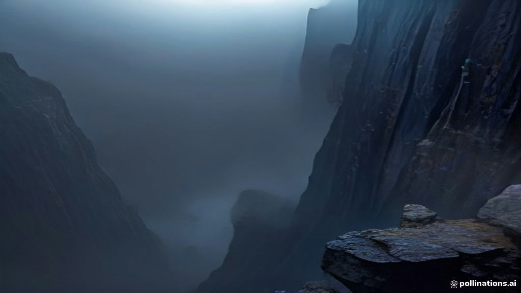 Shadowy figure falling backward off a towering rock cliff into a misty canyon.