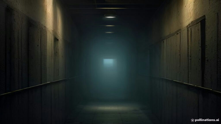 Looking down into a dark, vintage elevator shaft with brass railings and misty light