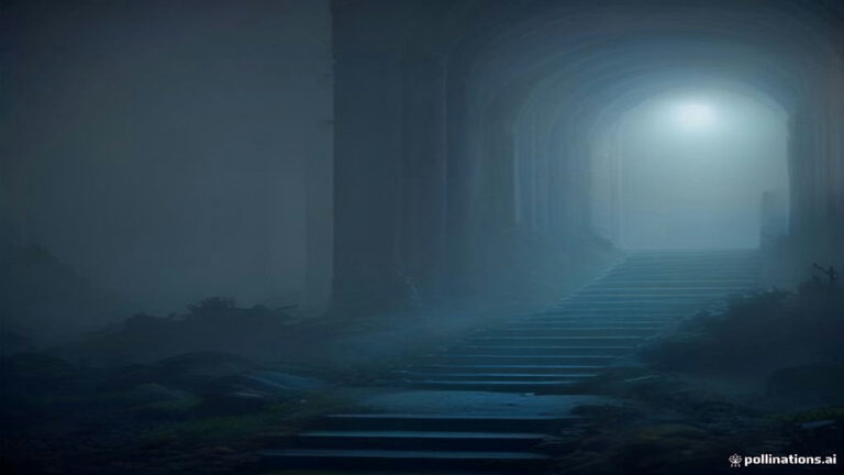 An infinite, winding staircase vanishing into soft ethereal mist and dim light in a surreal architectural space.