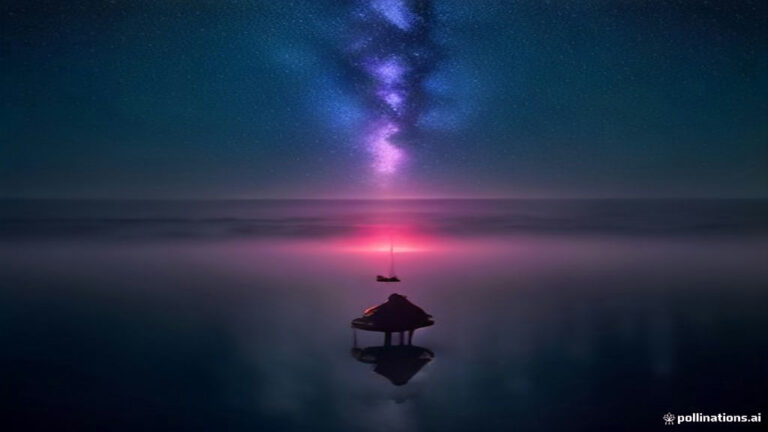 A surreal dreamscape showing a glowing stage platform on a misty lake under starry indigo skies.