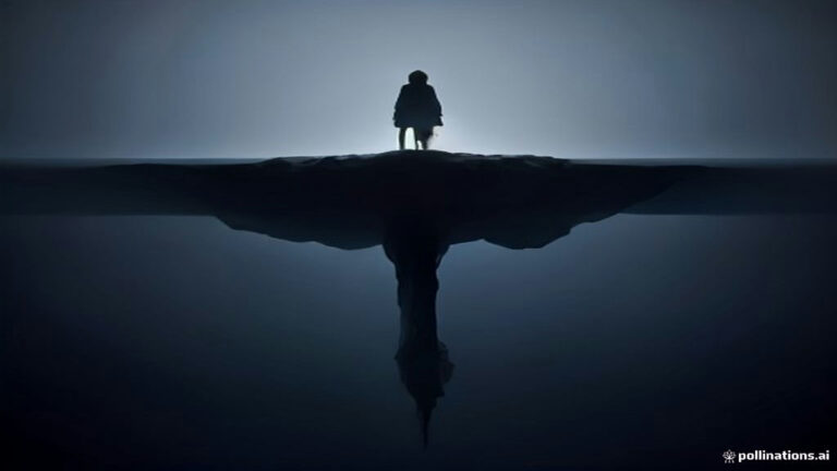 A lone silhouette suspended mid-air in a dark, luminous, endless vertical shaft