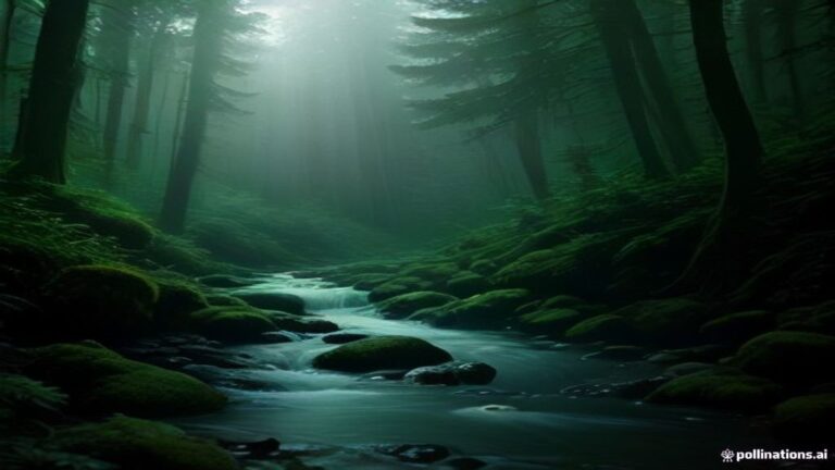 A serene dreamscape showing a person plunging gently into a misty, forest-framed river.