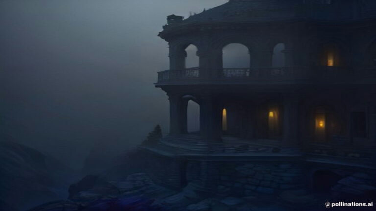 A stone balcony crumbling at high altitude amidst soft evening fog and twilight light.