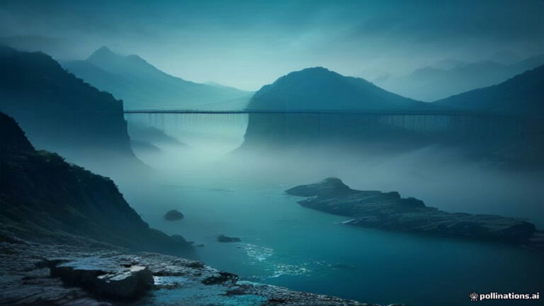 A massive misty bridge spanning over deep water with a solitary figure suspended mid-fall.
