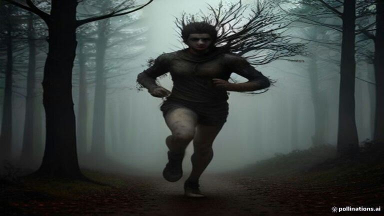 A lone figure frozen mid-stride with feet anchored in heavy earth under twilight sky