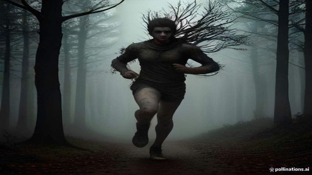 A lone figure frozen mid-stride with feet anchored in heavy earth under twilight sky