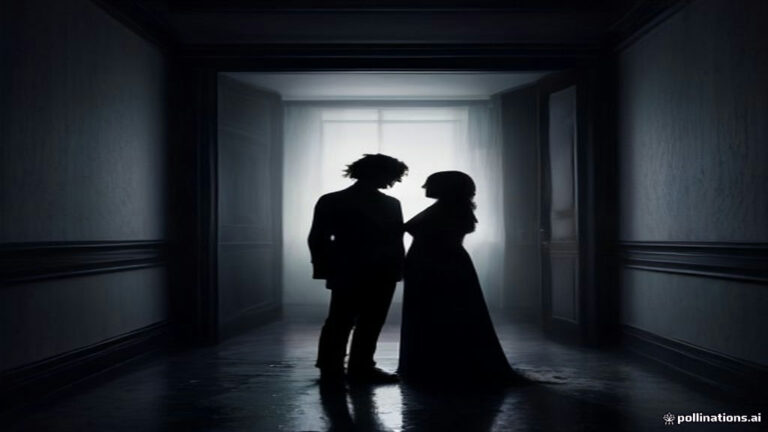 Two shadowed figures standing near a cracked illuminated glass panel in a dimly lit surreal room