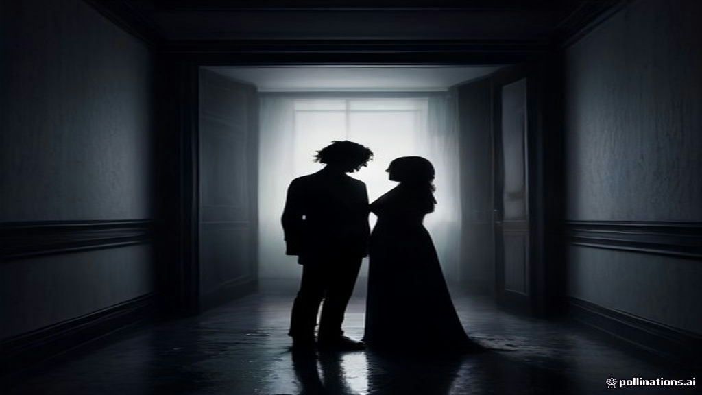 Two shadowed figures standing near a cracked illuminated glass panel in a dimly lit surreal room