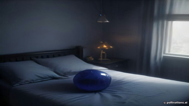 Glowing translucent geometric shapes floating weightlessly in a dim, serene indigo bedroom
