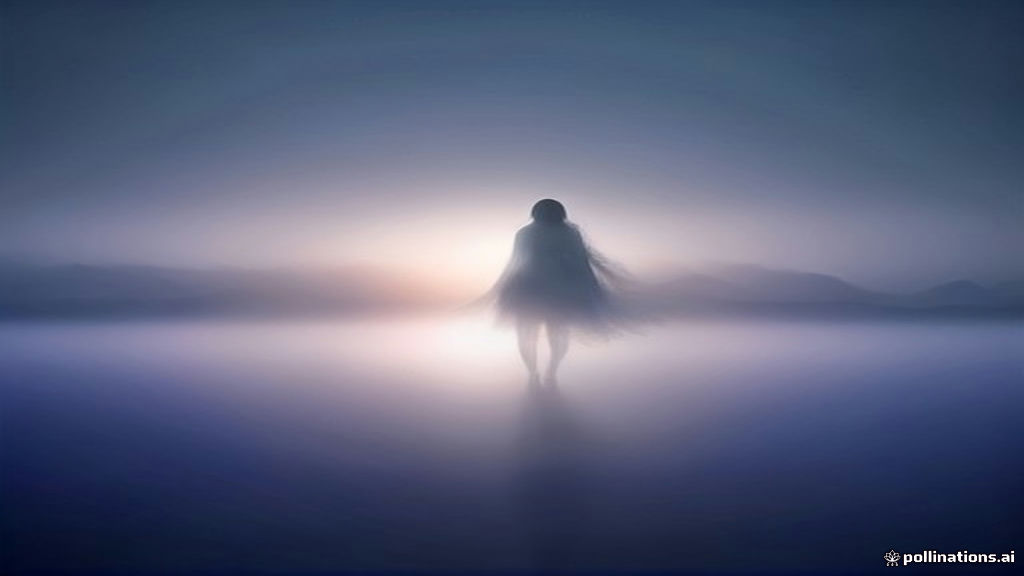 A misty, surreal dreamscape where a soft shadowy figure floats backwards into foggy air