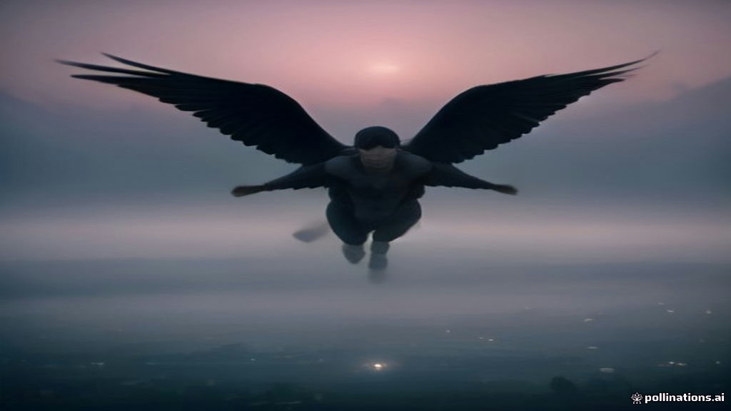 A surreal cinematic scene of a person suspended in dusk light flapping their arms to stay airborne over a quiet landscape.