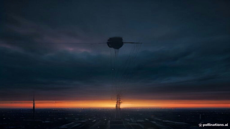 Silhouetted figure flying near high-voltage power lines suspended against a moody twilight sky