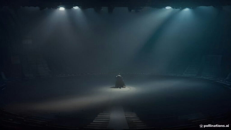 A empty theater stage bathed in a single overhead spotlight facing dark audience seats